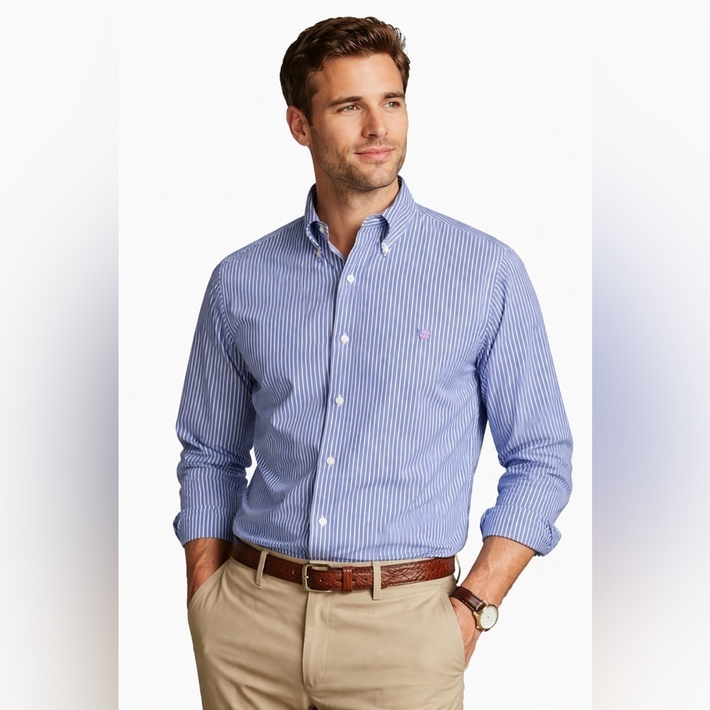 Brooks Brothers Mens Shirt Sz XL Blue White Stripe Cotton Preppy Plaid Flip Cuff